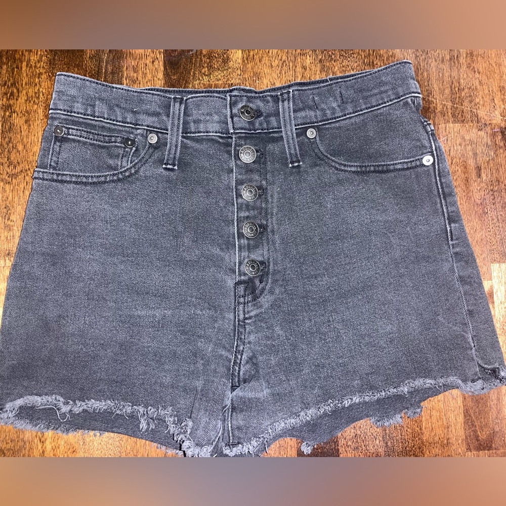 NWT Black/Dark Grey Denim Button Fly Madewell High Rise Cut Off Shorts Size 28